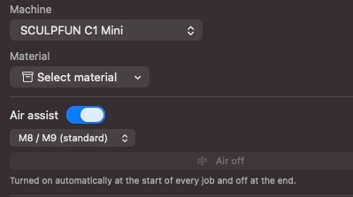 Lùmen machine settings &mdash; Air assist switch with the M8 / M9 command picker and the manual Air button