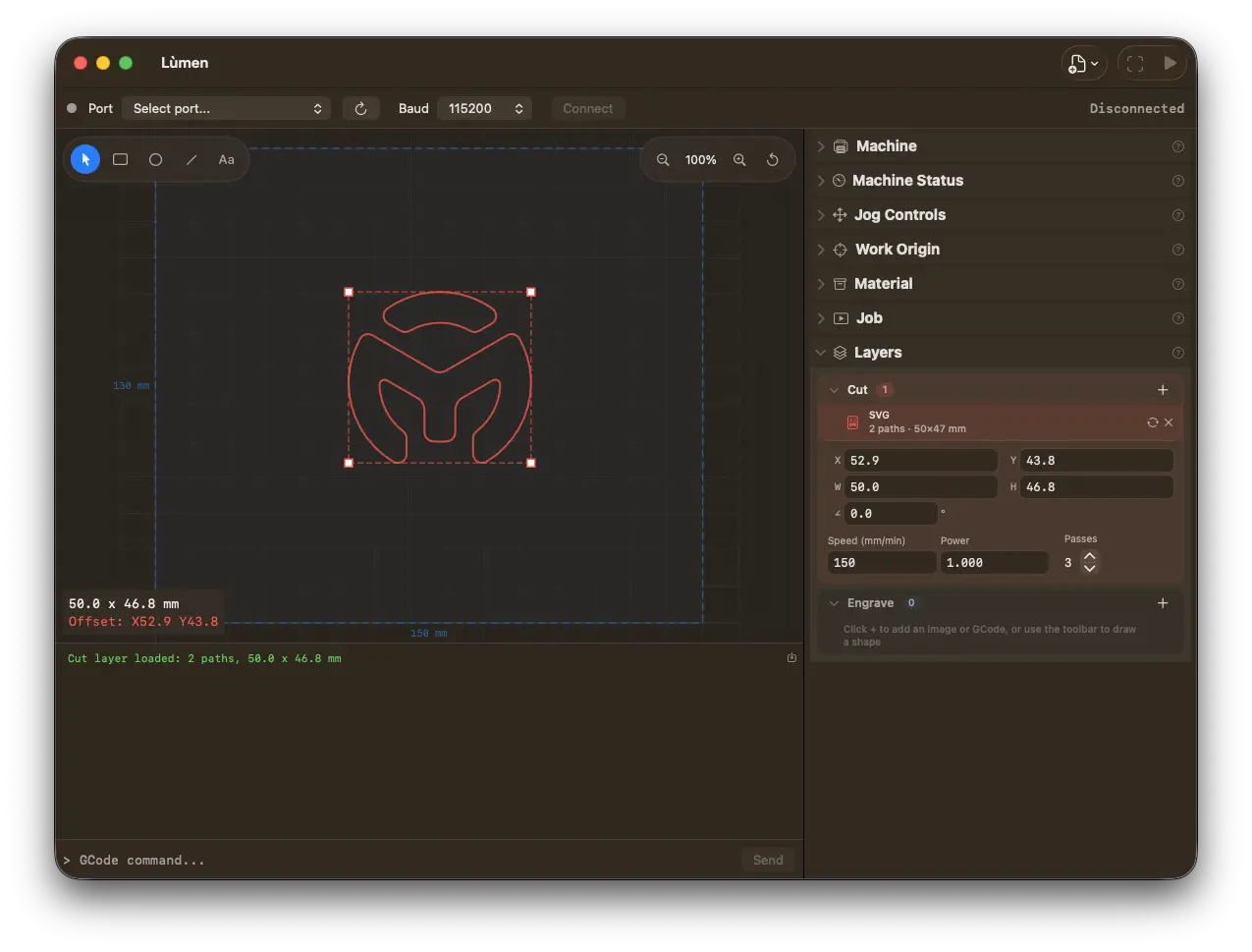 Lùmen SVG vector cutting preview with red cut layer