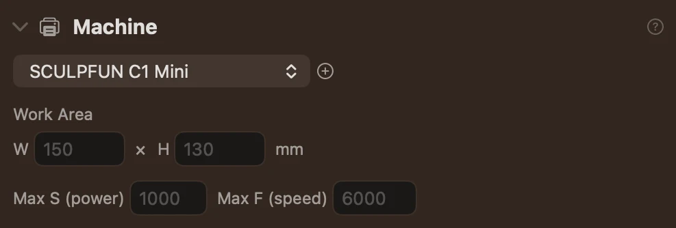Lùmen's Machine section in the Advanced sidebar: the machine preset picker with the + button to save a custom preset, then Work Area, Max S and Max F