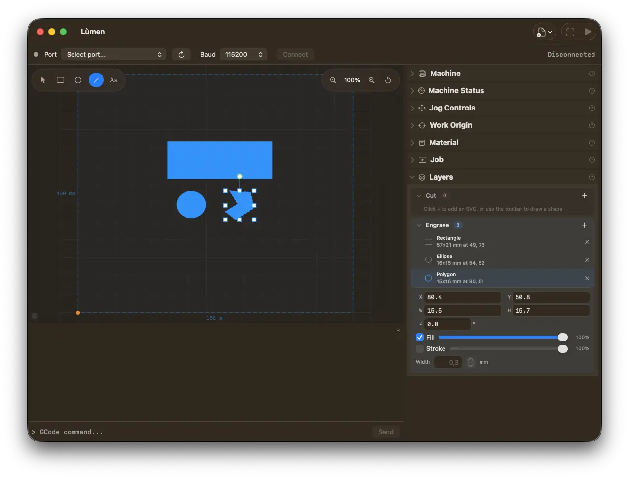 Lùmen built-in shape and text editor — drawing rectangles, ellipses, lines, and text on the canvas