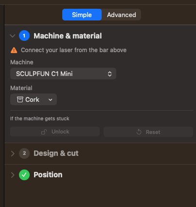 Lùmen Simple mode — guided five-step sidebar with machine, design, and position steps